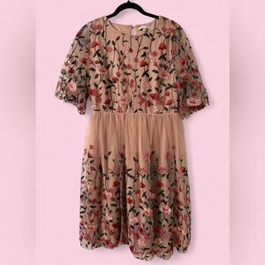 Baltic Born Floral Embroidered Tulle Midi Dress XL LightPink Mesh Holiday Party